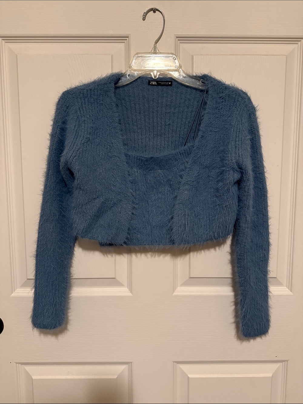 Zara Dusty Blue Fuzzy Cropped Sweater & Cardigan Set